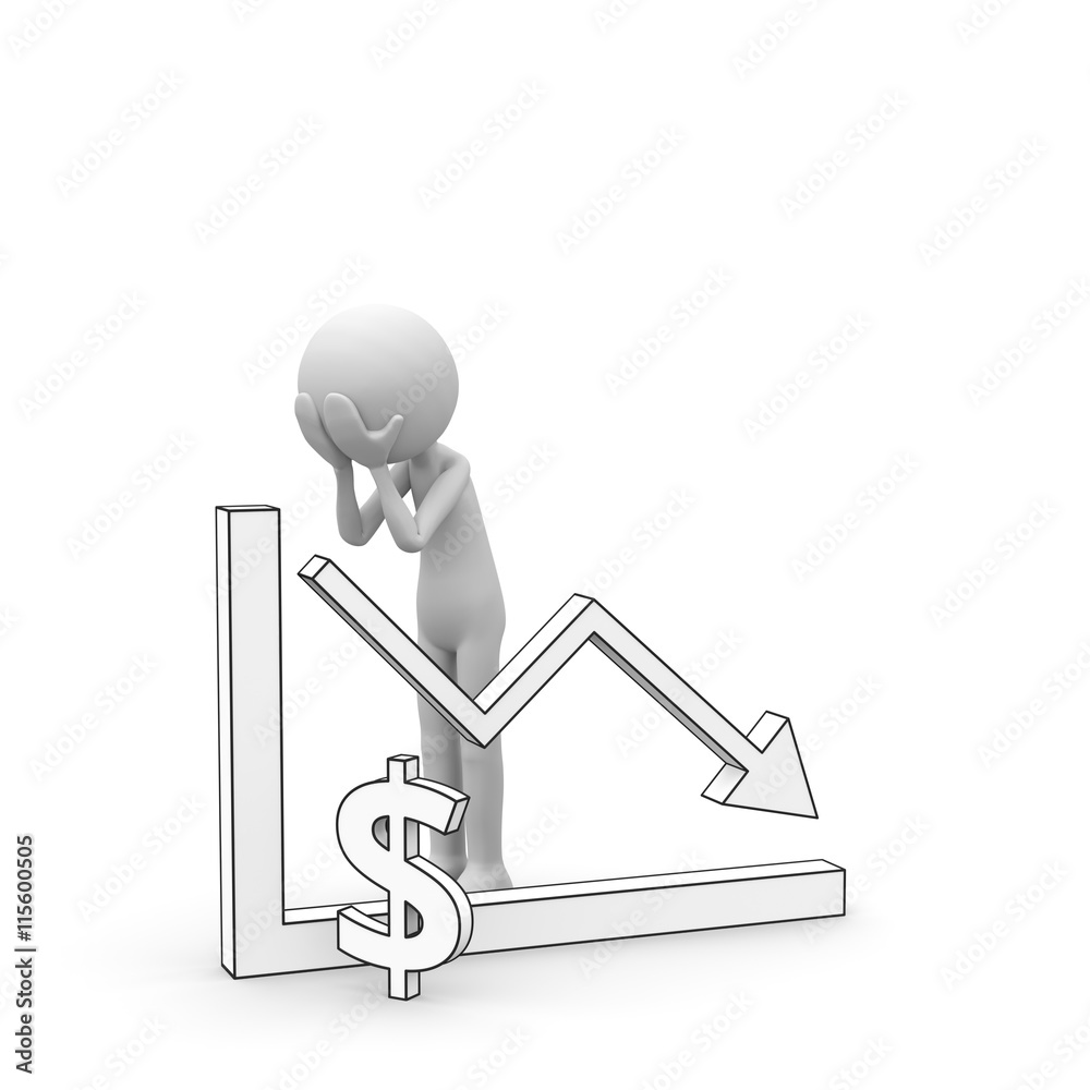 3D Cartoon Karakter - Weißes kleines Männchen als Aktionär. Fallende Aktienkurse, Charts. Diagramm mit Pfeil nach unten und Dollar Zeichen. Schwarzweiß rendering isoliert auf weißem Hintergrund.