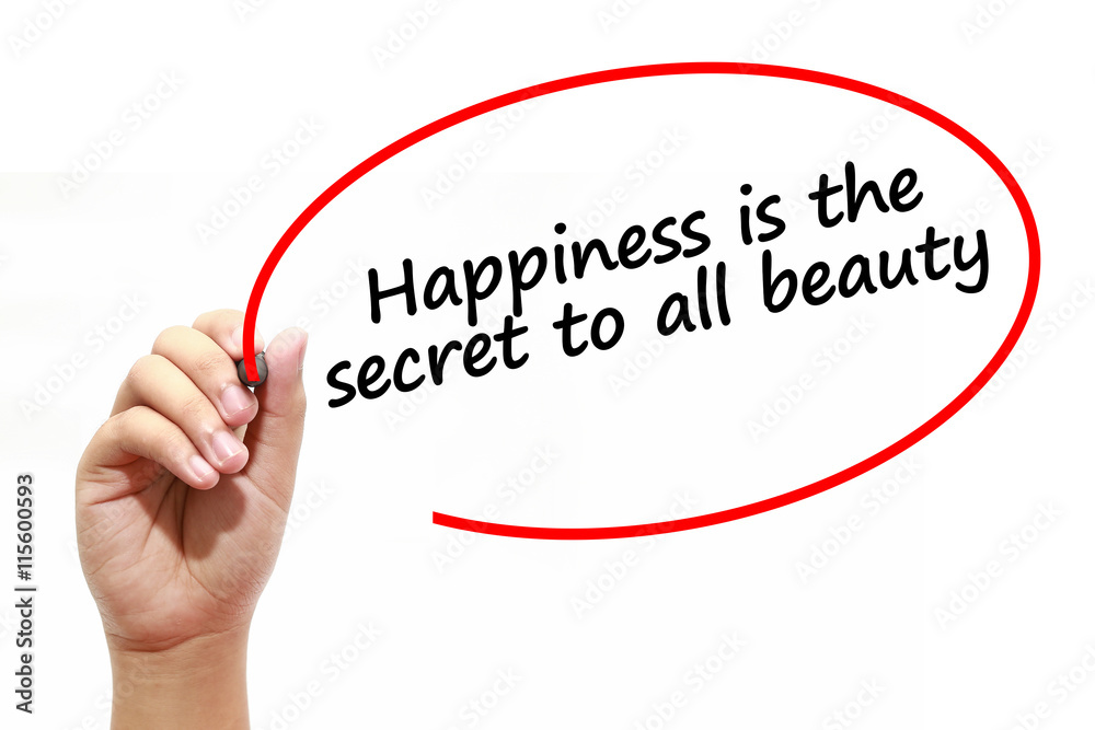 Man writing Happiness is the secret to all beauty with marker on transparent wipe board. Man writing Happiness is the secret to all beauty with marker on transparent wipe board.