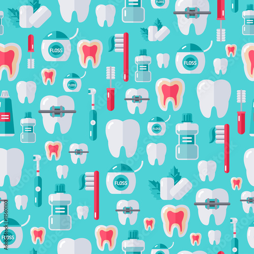 Seamless dental pattern with flat tooth care icons
