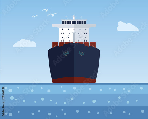 Cargo ship with a cargo into the sea. Vector illustration.