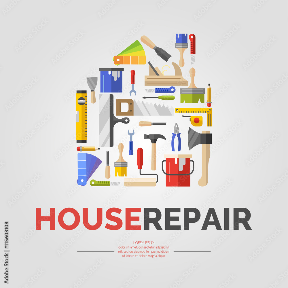 White poster with home of tools for house repair