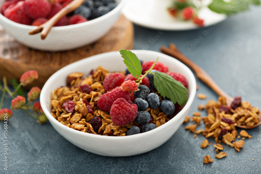 Granola and berries with coffee