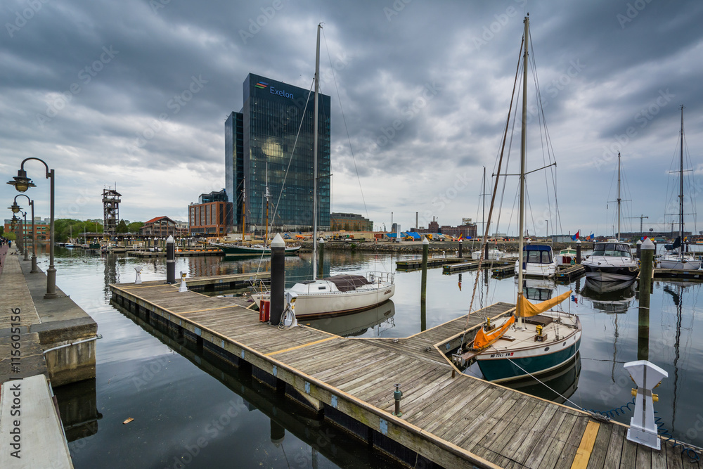 Fototapeta premium Modern building and marina in Harbor East, Baltimore, Maryland.