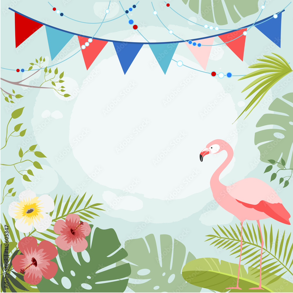 Exotic floral vector background with a flamingo and flags, vector illustration, summer background