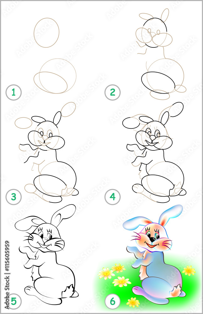Naklejka premium Page shows how to learn step by step to draw a rabbit. Developing children skills for drawing and coloring. Vector image.