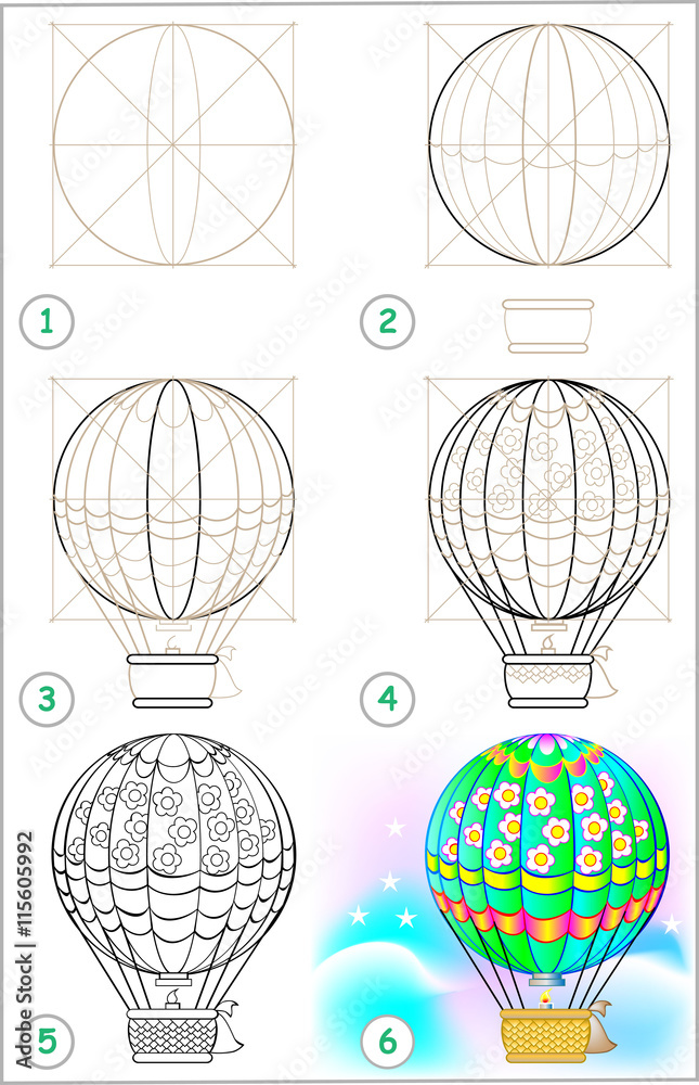 Fototapeta premium Page shows how to learn step by step to draw an air balloon. Developing children skills for drawing and coloring. Vector image.