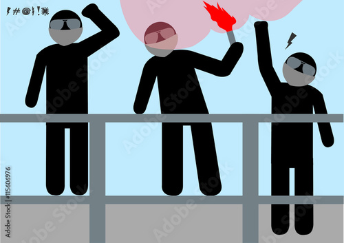 Illustration Hooligans; Bengalo; Fanatiker; agressiv; Zuschauer; Rowdy; Sport; Qualm; vermummt; Tribüne