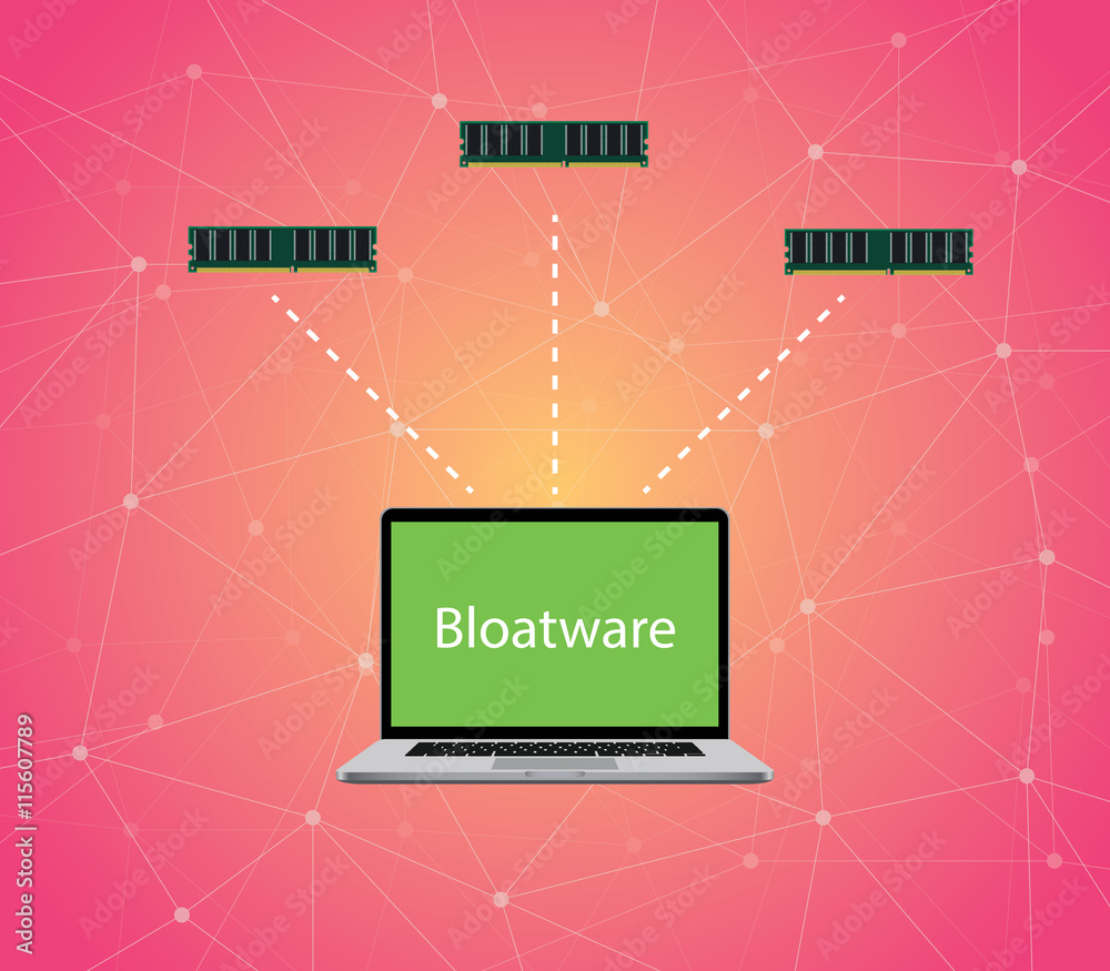 bloatware concept with laptop with text on screen and ram linked with laptop vector graphic