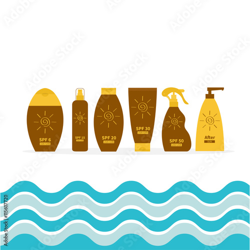 Tube of sunscreen suntan oil cream. After sun lotion. Bottle set. Solar defence. Spiral sun sign symbol icon. SPF different sun protection factor. UVA UVB sunscreen. Sea wave. White background. Flat
