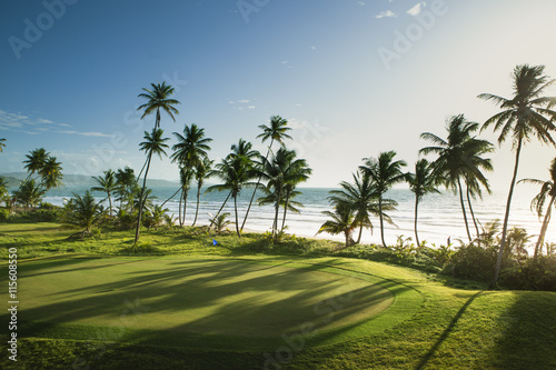 Trinidad and Tobago, Lowlands, Tobago, View of golf course at seaside photo