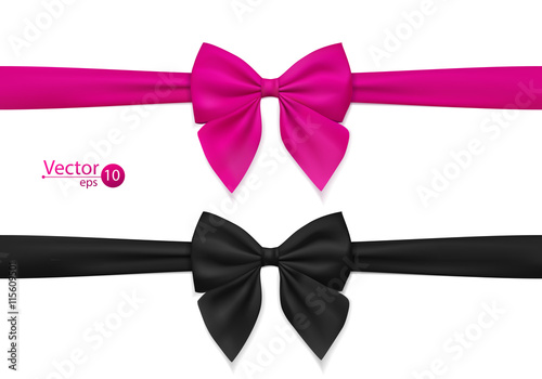 Pink, black bow with ribbon. Can be use for decoration gifts, greetings, holidays. Vector illustration. Isolated on white background.