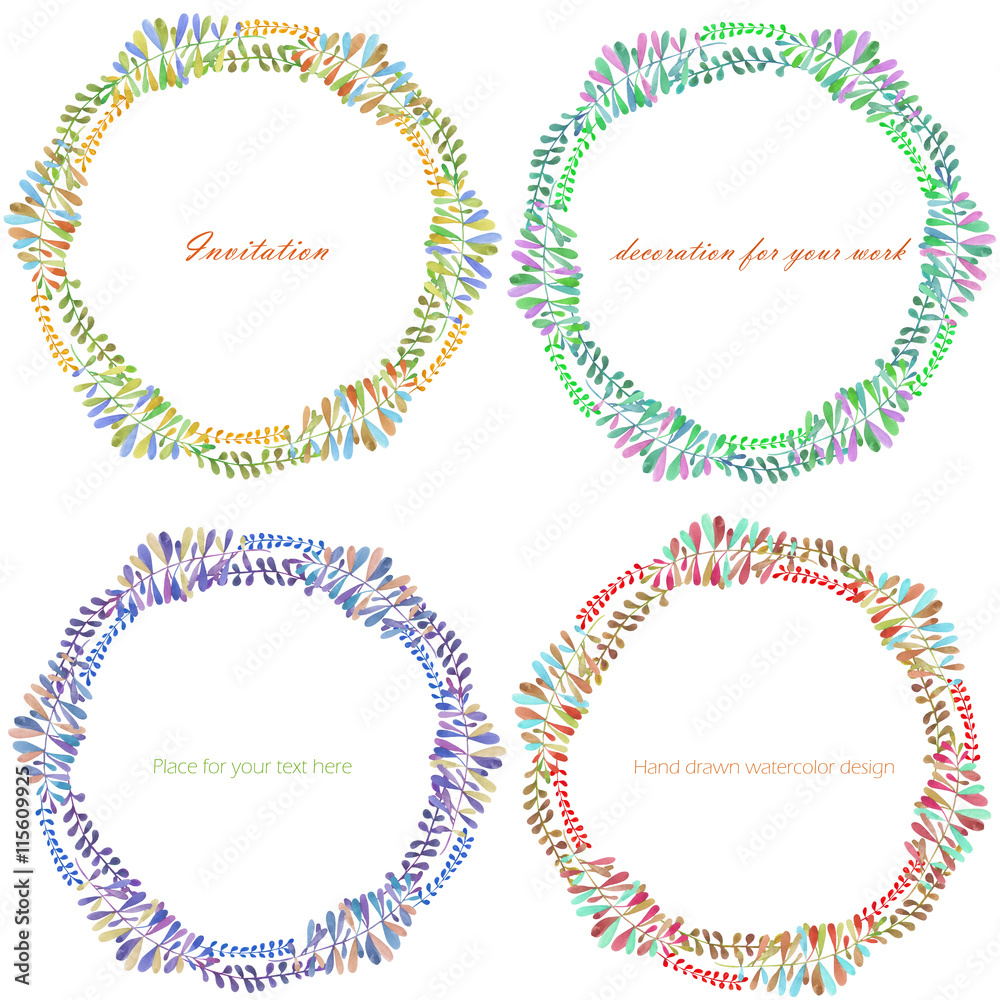 Wreathes, circle frames with the watercolor branches with leaves, hand drawn on a white background, background for your card and work Wreathes, circle frames with the watercolor branches with leaves, hand drawn on a white background, background for your card and work