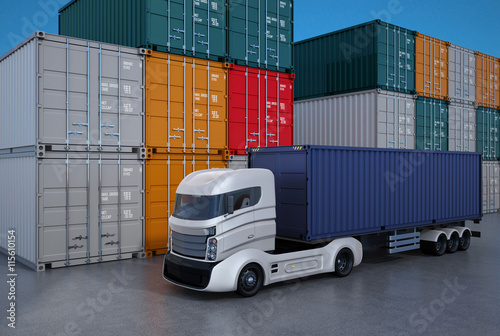 White truck in container port. 3D rendering image.