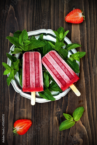 Homemade strawberry mint - ice pops - popsicles - paletas photo