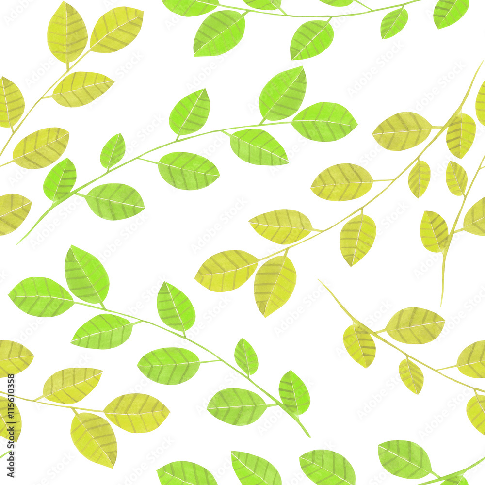 Seamless pattern with the watercolor branches with green leaves, hand painted isolated on a white background