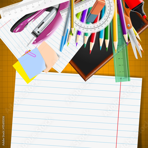 Back to school background with chalkboard and supplies. Stationery equipment. Vector realistic illustration 