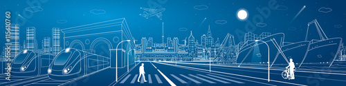 Mega infrastructure city panorama, train railway station, urban scene, industrial and transportation illustration, night town, airplane flying, cargo port, ships on the water, vector design art