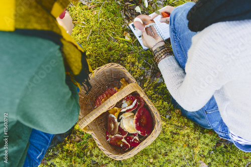 Finland, Etela-Savo, Huttula, Two young women crouching by basketful of Russula mushrooms