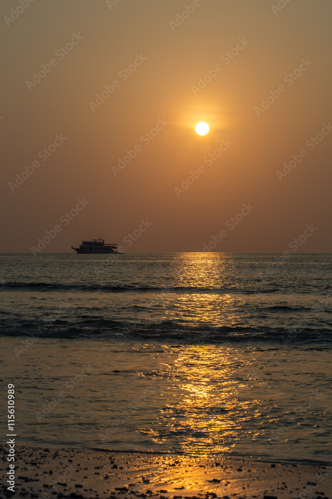 A cruise ship stopovers offshore of the Similan-Miang Island. This cruise ship voyages its passengers in the Andaman Sea of South Thailand. The Similan-Miang is one of a group of nine  islands.
