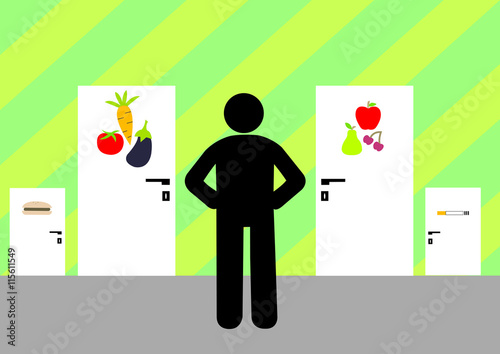 Illustration Nudging; gesund, ungesund; Fastfood; Zigarette; erziehen; anleiten;  anstupsen; 