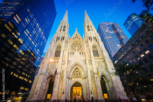 St. Patrick's Cathedral at night, in Manhattan, New York.