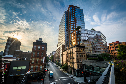Sunrise view of buildings in West Chelsea from The High Line, in