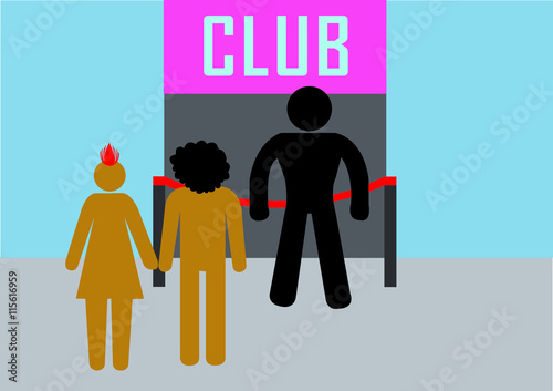 Illustration Rassismus; mobbing; diskriminieren; Türsteher; abweisen, blockieren, Fremde