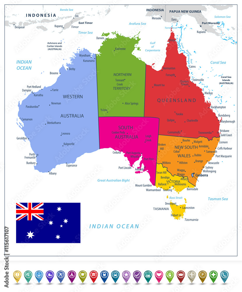 Australia detailed political map and map pointers isolated on wh Stock ...