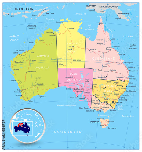 Australia detailed political map with roads and water objects