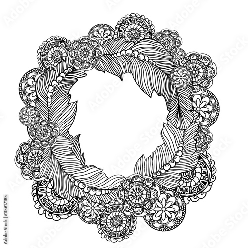 Hand drawn circle frame for photo with steampunk technology elements.