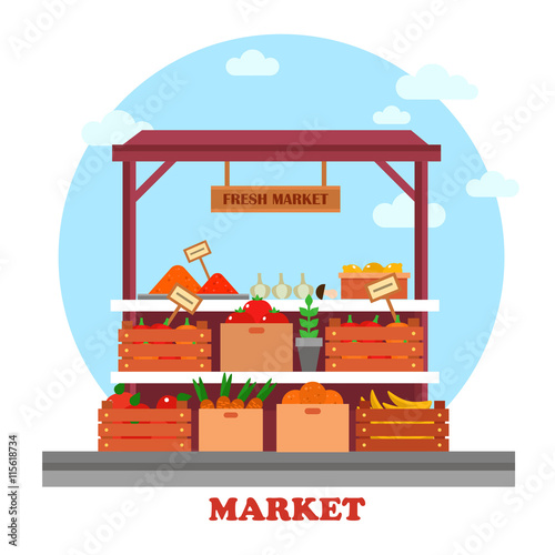 Food counter or stall at market with groceries