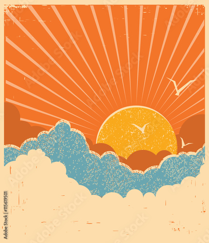Blue sky with beautifull clouds.Vector retro poster