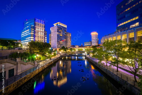 The Providence River and modern buildings at night, in downtown