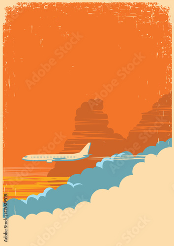 Aircraft flying in sky on old paper texture background.