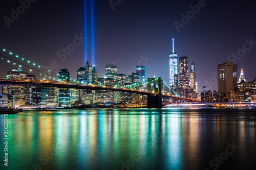 The Tribute in Light over the Manhattan Skyline at night, seen f