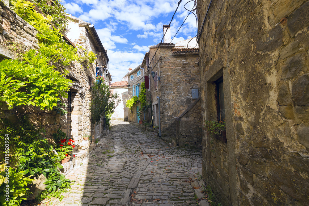 typical alley in Groznjan  - old medieval town in Istria, Croatia