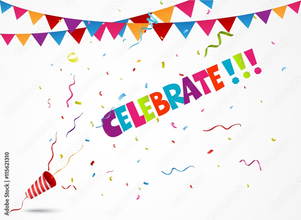 Obraz premium Celebrate out of party popper with confetti and bunting flags