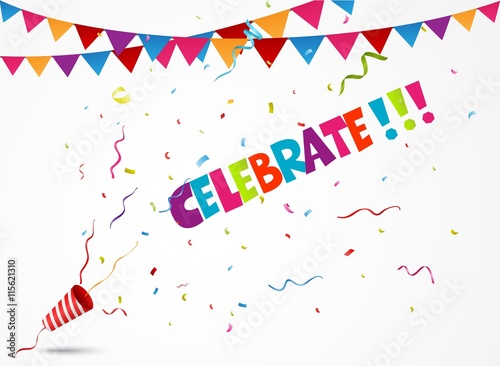 Celebrate out of party popper with confetti and bunting flags