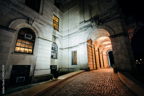 The entrance of the Rhode Island State House at night  in Provid