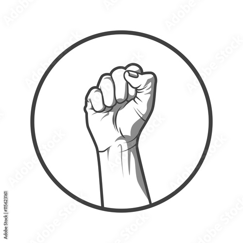 Vector illustration in black and white style of a clenched fist held high in protest.