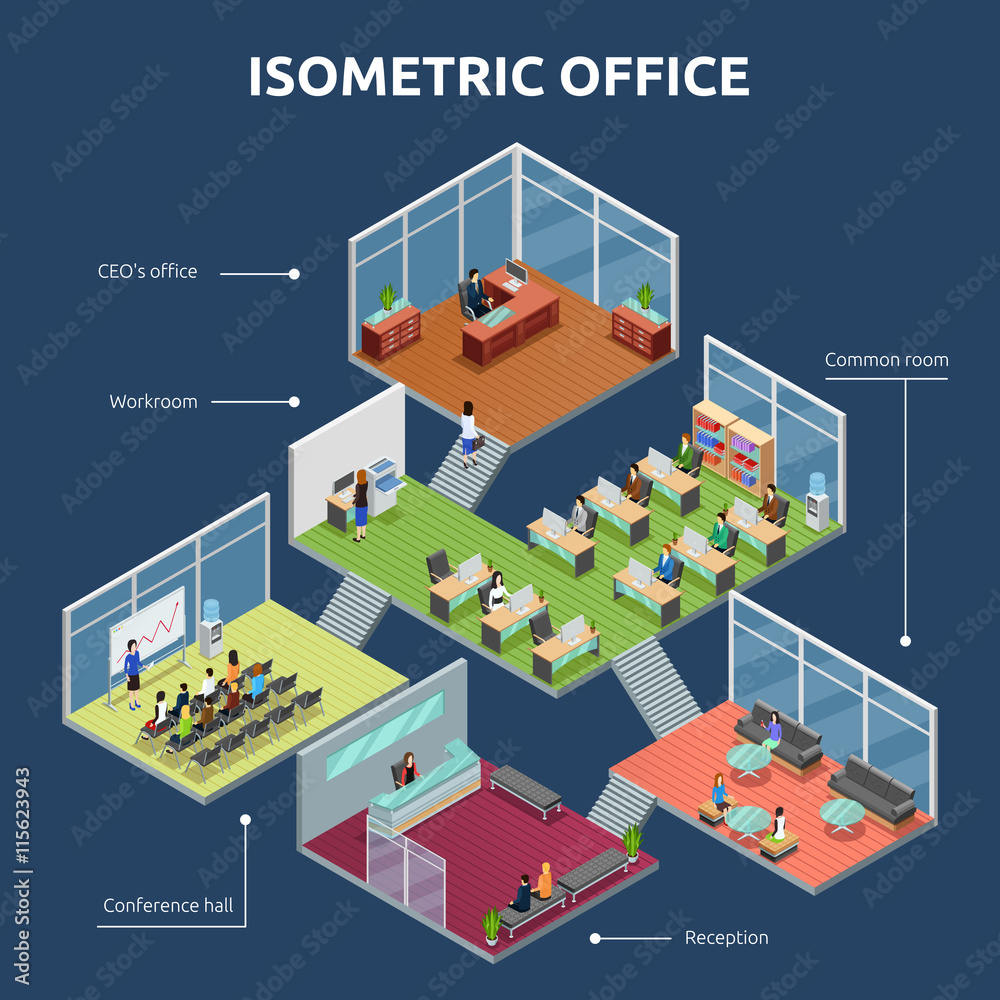 Isometric Office 3 Floor Building Plan 