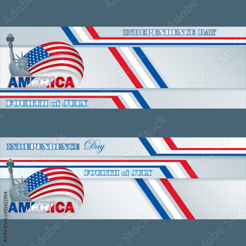 Set of web banners background with American flag and Statue of Liberty for Fourth of July, American National Celebration