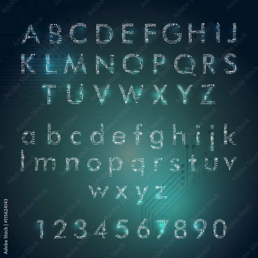 english alphabet and digits in circuit board style with glowing