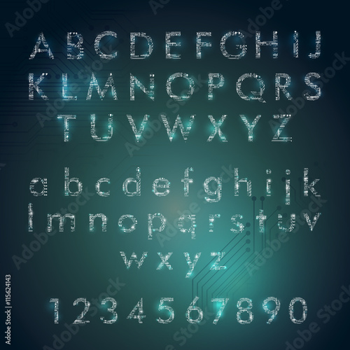 english alphabet and digits in circuit board style with glowing