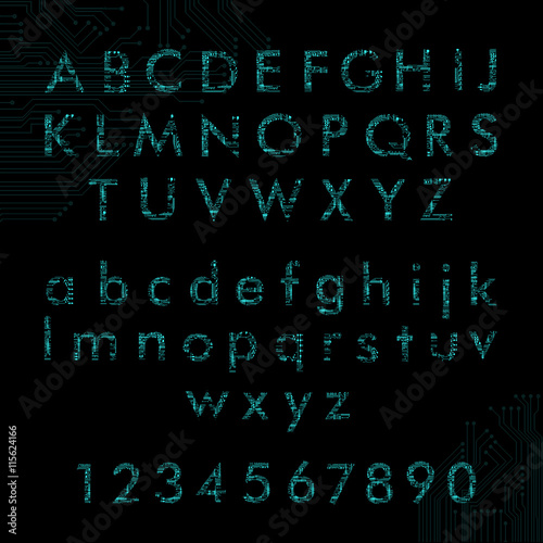 english alphabet and digits in circuit board style