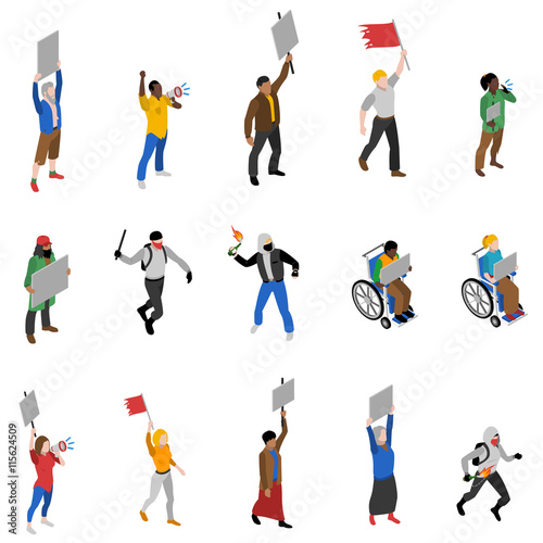Protest Demonstration People Isometric Icons Set 