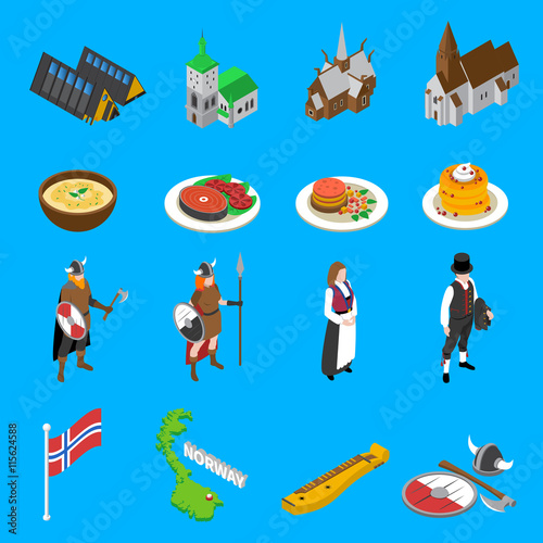  Norway Touristic Attractions Isometric Icons Collection  