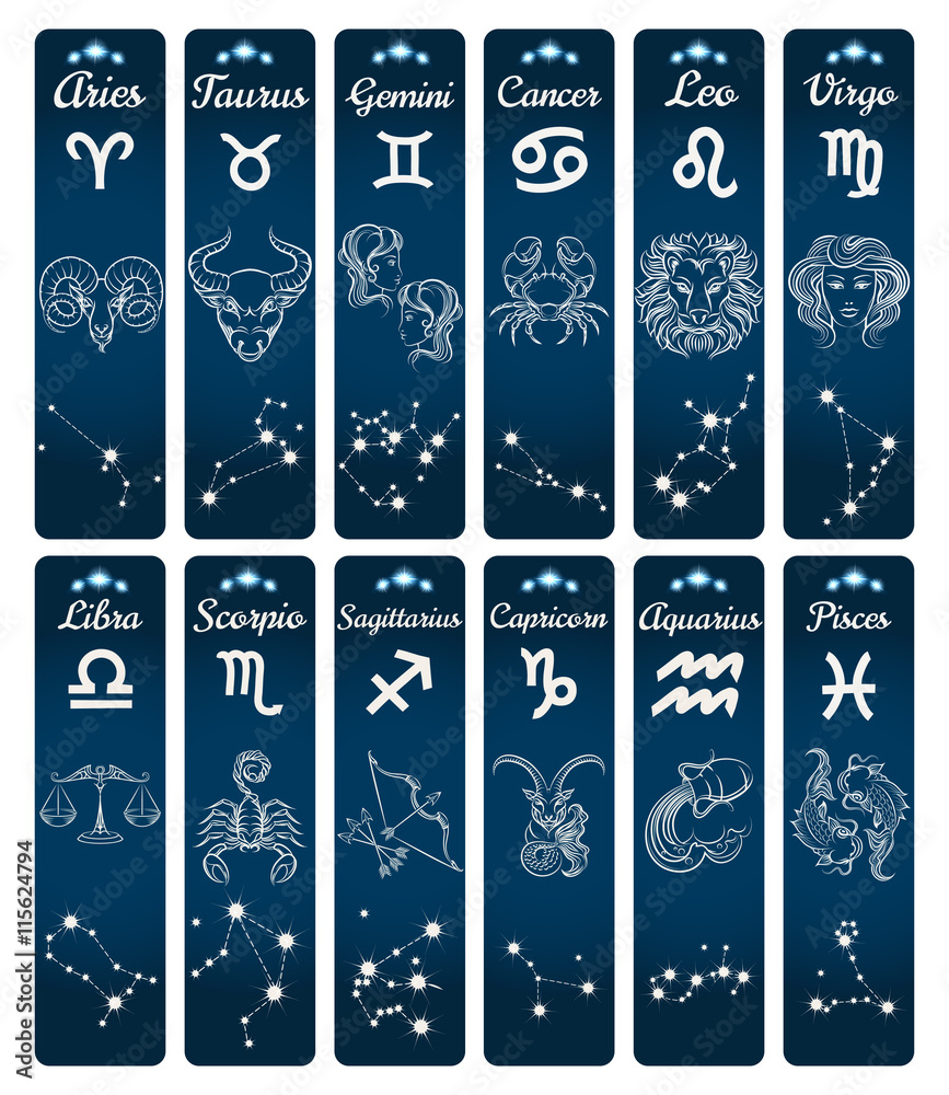 Vertical zodiac signs banners with constellations. Vector illustration - obrazy, fototapety, plakaty 
