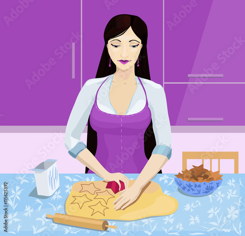 Vector illustration of young woman cooking biscuits