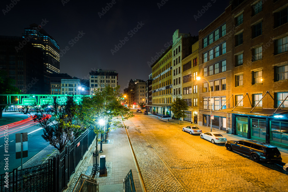 View of Laight Street at night, in Tribeca, Manhattan, New York.